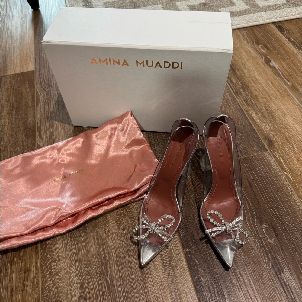 Amina Muaddi Metallic Silver Heels with Crystal Bow